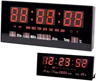 Relógio digital de parede LED vermelho com hora, data, dia da semana e temperatura