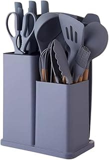 Kit 19 Peças Utensilios Cozinha Silicone Com Facas Antiaderente Cabo De Madeira Tratada Kit Com Colher Concha Espatula Pegador Tesoura Tabua - Jogo Completo Premium. (Cinza)