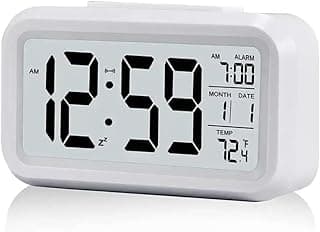 Relógio digital branco com display de hora, data, temperatura e alarme.