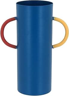 Vaso decorativo azul com cabos vermelho e amarelo, fundo branco