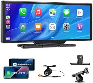 Central Multimídia Portátil 10.26" Touch Screen IPS com CarPlay e Android Auto Sem Fio, Câmera de Ré Integrada, Bluetooth, GPS, Rádio FM e Instalação Plug & Play Universal para Painel