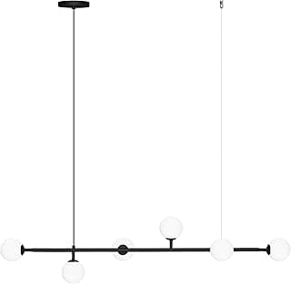 Luminária pendente moderna com seis globos de vidro, haste preta, ideal para mesa de jantar e cozinha.