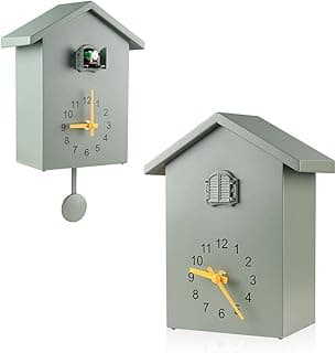 Relógio de parede de cuco verde com design de casa de pássaros, pêndulo e números 1-12, fundo branco