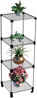 Estante vertical para plantas com três prateleiras de arame preto contendo vasos com plantas