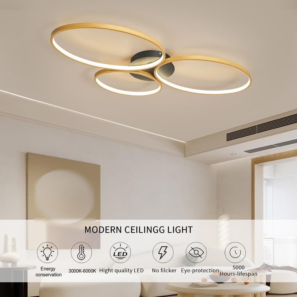 Luminária de teto LED moderna de 54W/66W com dimmer e controle remoto. Lustre de teto embutido com 3 anéis para sala de estar, sala de jantar, cozinha e quarto.