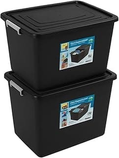 Kit 2 Caixas Organizadoras 56 Litros com Tampas e Travas, Empilháveis, Multiuso, Pretas