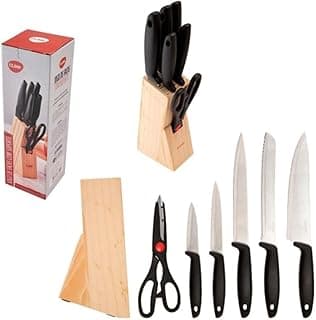 Kit de facas com sete peças da marca Clink, em aço inoxidável com cabo preto, em suporte de madeira