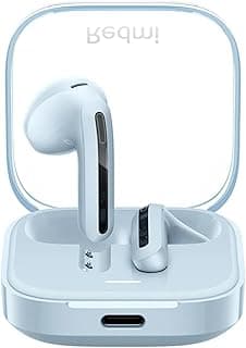 Fones de ouvido Xiaomi Redmi Buds 6 Active em base de carregamento, brancos com detalhes em cinza, fundo branco.