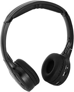 Fone de ouvido estéreo sem fio preto com encosto de cabeça, controles de volume e mudo