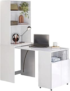 Armário multifuncional branco com escrivaninha retrátil, laptop aberto e livros