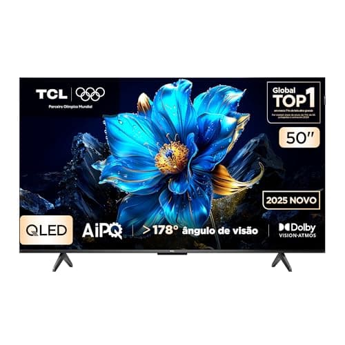 Smart TV TCL 50 polegadas QLED 4K azul exibindo flor em tela, ângulo de visão de 178°, Dolby Vision-Atmos