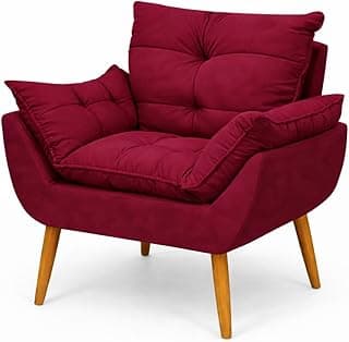 Poltrona decorativa bordô com estofamento em fibra de silicone, design moderno, assento acolchoado, pernas de madeira