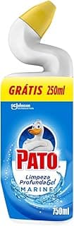 Frasco de limpador sanitário Pato Marine 750ml com brinde de 250ml, fundo azul e amarelo, bico amarelo, rótulo com texto branco e vermelho.