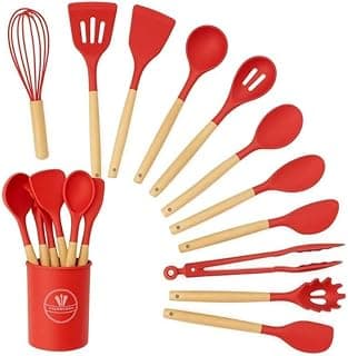 Kit12Utensílios de Cozinha em Silicone com Cabos de Madeira, Antiaderente, Resistente ao Calor e Completo (Vermelho)