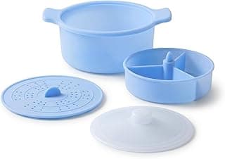 Kit de panelas de silicone com divisórias azul, 4 peças, tampa premium, livre de BPA, herméticas, para cozinha, armazenamento e organização, vai ao forno, air fryer e freezer.