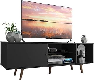 Rack para TV Dubai da Madesa, preto e rustic, com TV de 65 polegadas, vaso e estátua na prateleira.