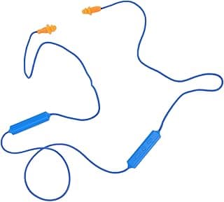 Protetor de ouvido com design de pescoço, cabo azul e protetores auriculares amarelos