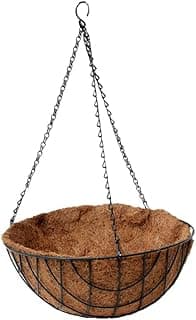 Vaso suspenso redondo de 30cm com revestimento de fibra de coco e estrutura metálica preta para plantas