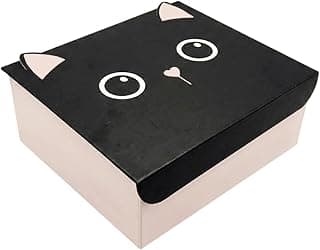 Caixa organizadora decorativa em forma de gato preto com olhos brancos e nariz rosa, contra fundo branco.