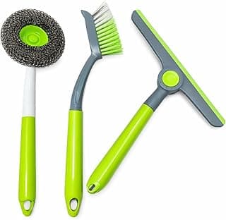 Kit 3 ferramentas limpeza multiuso verde, escova aço inox, escova multiuso e rodo manual, cabos ergonômicos