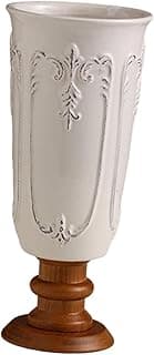 Vaso de flores branco com base de madeira, ideal para decoração de cozinha, hotel ou sala de estar.