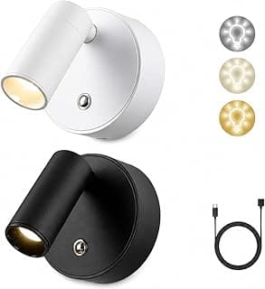 Luminária LED recarregável sem fio USB-C com rotação de 360° e ímã forte para fixação na parede, disponível em branco e preto.