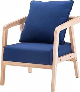 Poltrona Wingback moderna azul com assento acolchoado e pernas de madeira