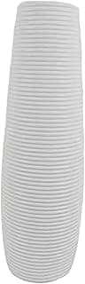 Vaso alto branco com design de listras finas, ideal para decoração de casamento e sala de estar.