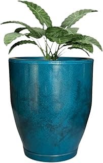 Vaso redondo azul petróleo com acabamento marmorizado para jardim
