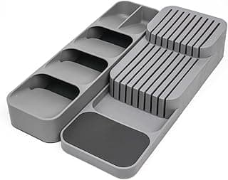 Conjunto organizador de talheres e facas cinza com divisórias e nichos