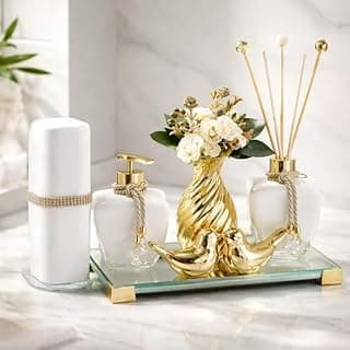 Kit lavabo banheiro com bandeja luxo, aromatizador, saboneteira e enfeite decorativo dourado