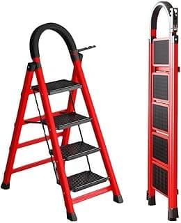 Escada de aço carbono plegável reforçada com quatro degraus, cor vermelha e preta, aberta e dobrada.