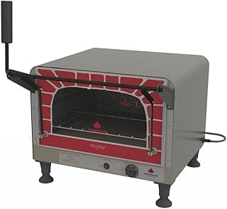 Forno refratário elétrico Mini Chef Progás, cinza e vermelho, porta aberta, controles na parte inferior, logotipo na frente.