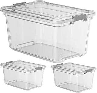 Kit de 3 caixas organizadoras transparentes de 35 litros, empilhadas, com tampas e alças metálicas.