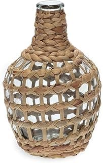 Vaso em vidro e fibra natural com design entrelaçado, cor bege, fundo branco