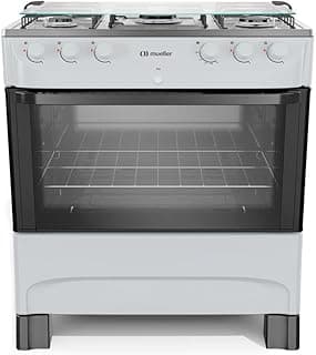 Fogão Mueller 5 bocas branco com acendimento automático, painel frontal com botões e logotipo, porta de vidro preto.