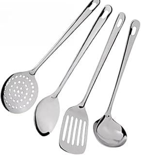 Kit de 4 utensílios de cozinha em aço inoxidável com escumadeira, colher de arroz, escumadeira e espátula vazada
