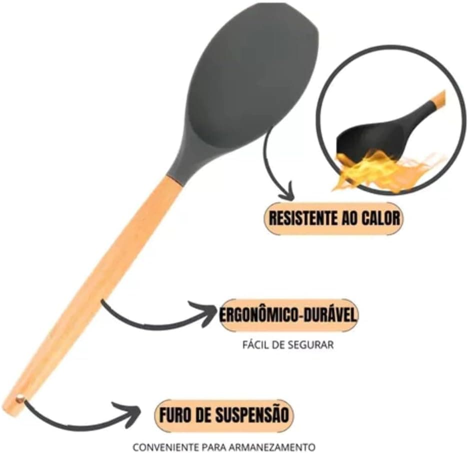 Kit Completo Jogo de Cozinha Luxo 19 Peças Com Tábua em Silicone Cabo Madeira Conjunto Completo Espátula Concha Colher Jogo Suporte Faca Antiaderente Tabua Tesoura Faqueiro PREMIUM (Cinza)