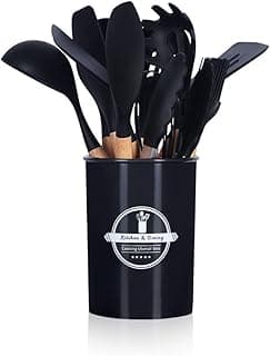 Utensílios de cozinha silicone preto cabo madeira MM House