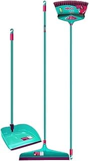 Kit de limpeza premium com vassoura multiuso, rodo e pá articulada, verde e rosa