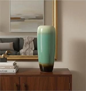 Vaso decorativo octogonal de porcelana pintado à mão, 48 cm, verde e marrom, para sala de estar.