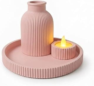 Conjunto minimalista com vaso decorativo rosa e bandeja iluminada