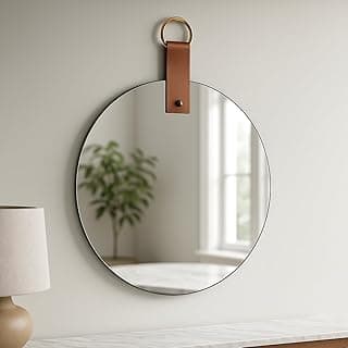 Espelho decorativo circular com alça de couro para decoração moderna