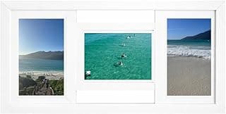 Porta-retrato branco com três fotos de paisagens de praia e pessoas nadando