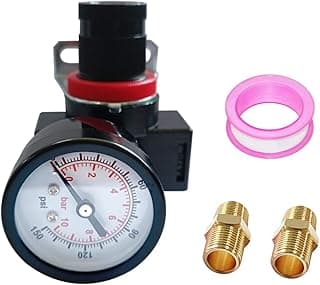 Regulador de pressão de ar NPT de 1/2 polegada com manômetro 0-145 psi, conectores e fita de vedação.