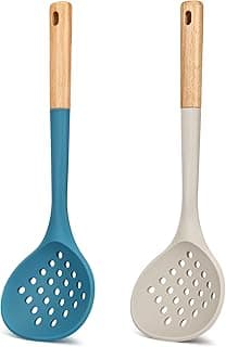 Coador de concha de cozinha, grande escumadeira com alta resistência ao calor, livre de BPA, escumadeiras antiaderentes para escorrer e fritar, 33,5 cm (cáqui e azul)