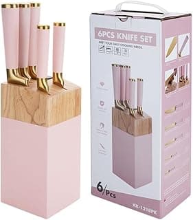 Conjunto de 7 facas banhadas a titânio rosa - facas de cozinha profissionais com chef/fatiar/utilitário/afiar aço - lâminas de ouro rosa + suporte de madeira, caixa de presente de luxo (rosa)