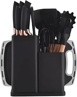 Utensilios para Cozinha Silicone Kit com 19 Peças Cabo Madeira Conjunto Completo Espátula Concha Colher Jogo Suporte Faca Antiaderente Tabua Tesoura Faqueiro (PRETO)