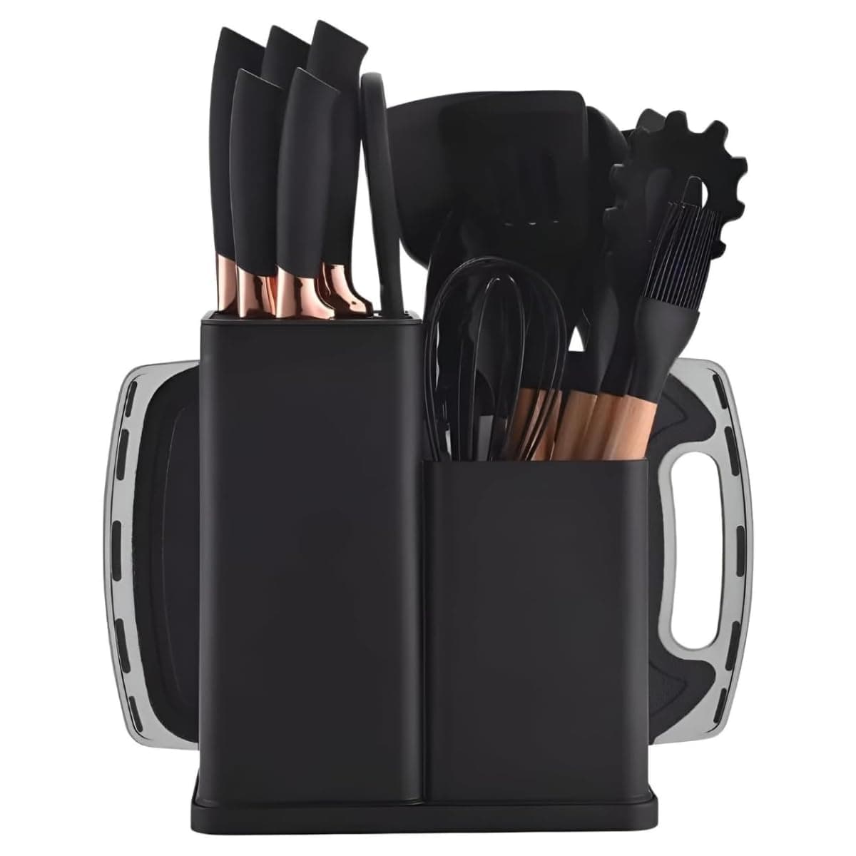 Utensilios para Cozinha Silicone Kit com 19 Peças Cabo Madeira Conjunto Completo Espátula Concha Colher Jogo Suporte Faca Antiaderente Tabua Tesoura Faqueiro (PRETO)