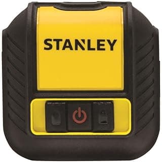 Nível a laser Stanley com corpo preto e painel amarelo, botões e logotipo visíveis.